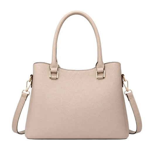 Elegant Beige Leather Tote Handbag with Shoulder Strap