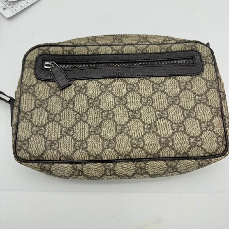 Women Gucci bags with a detachable mirror insideWomen Gucci bags with a detachable mirror insideGucci Beige GG Canvas Leather Trim Large Pouch Bag