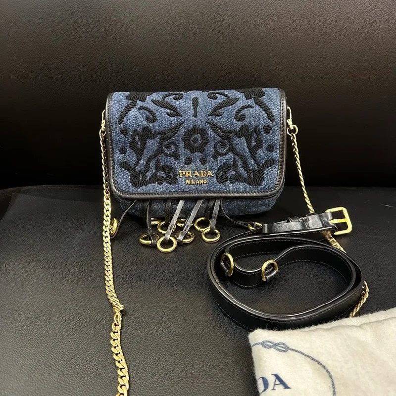 Prada bags with a front - flap pocket for quick access to essentialsPrada Embroidered Denim Bag Blue 18cm