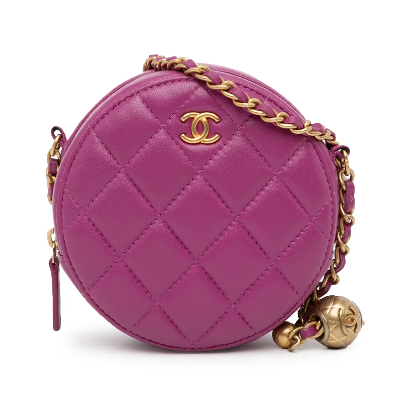 Pink Chanel CC Quilted Lambskin Pearl Crush Round Clutch with Chain Crossbody Bag