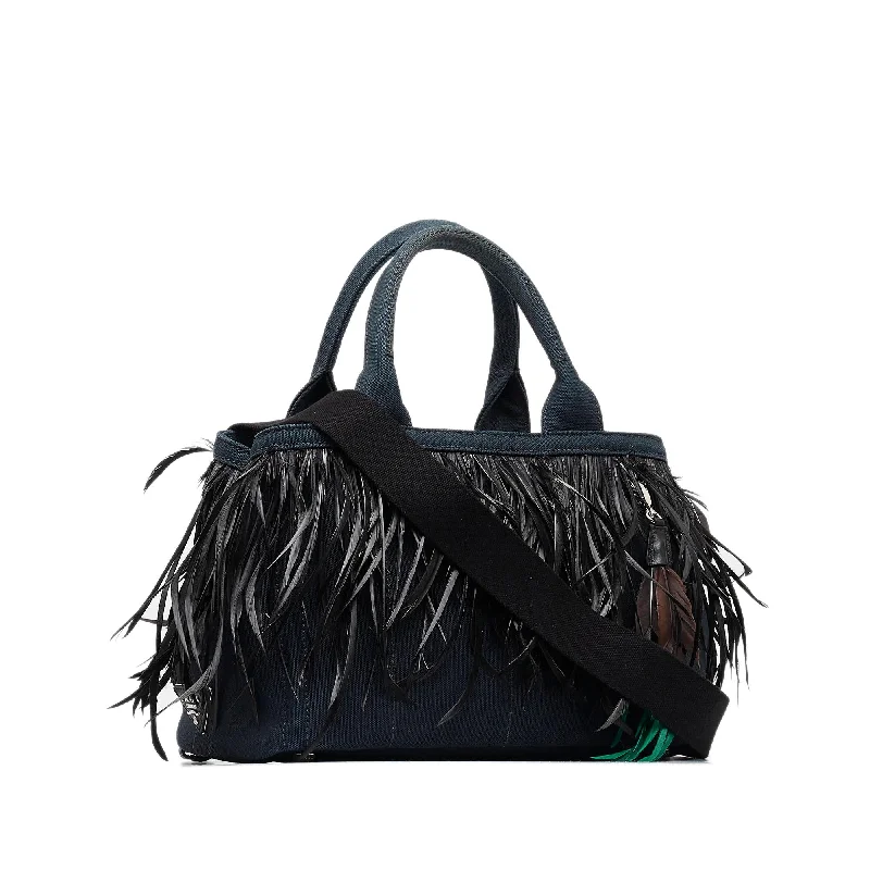 Prada bags with a chain - link trim and a leather body for a modern and stylish edgePrada Mini Canapa Convertible Canvas and Feather Tote (SHG-4ZHd0E)