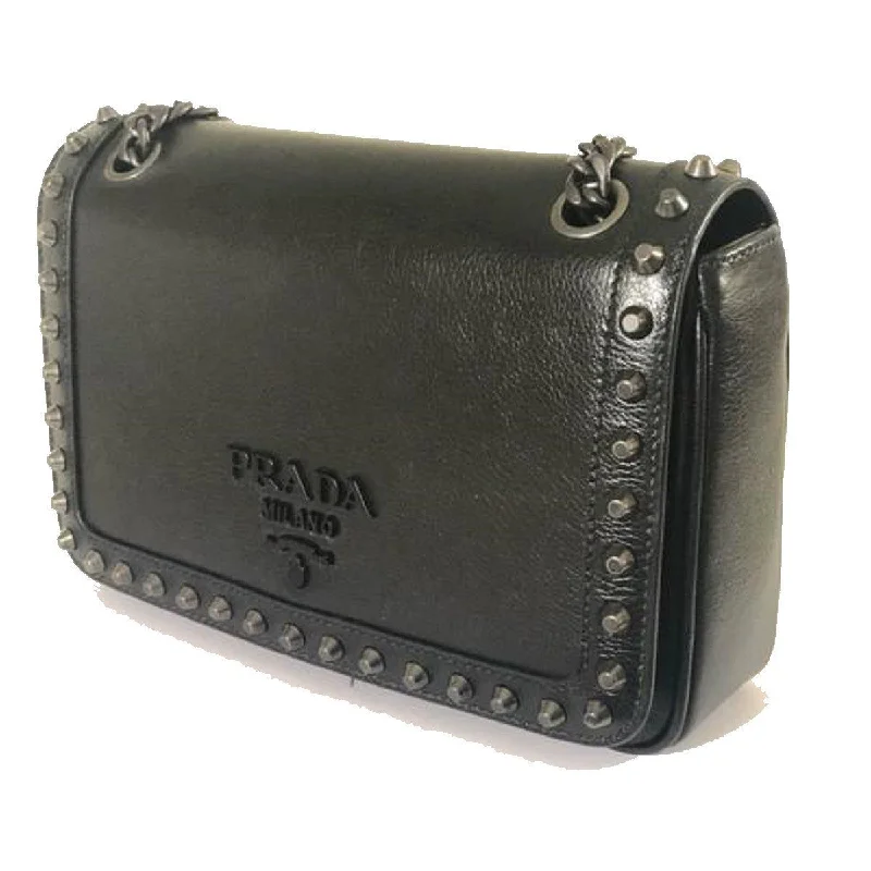 Prada Cleo bags with a curved shape and a chain - link shoulder strapPrada Pattina Glace Calf Leather Nero Black Pattina Studded Bag 1BD147