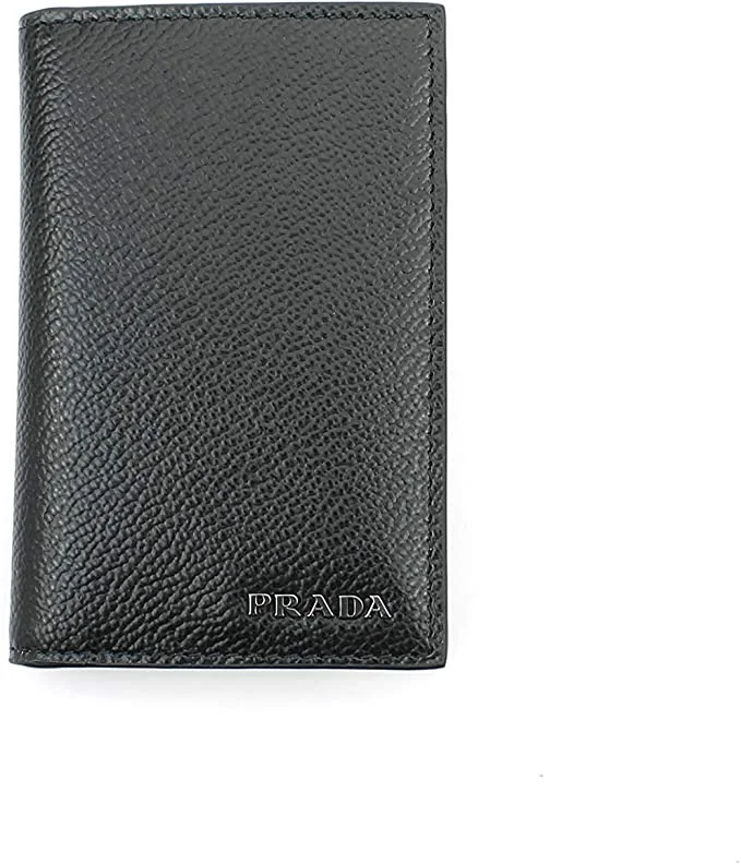 Prada handbags with a beaded trim for a touch of glamour and elegancePrada Men's Vitello Micro Grain Black Grey Leather Vertical Card Holder 2MC101