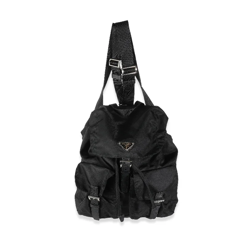 Prada bags with a detachable mobile phone holder for on - the - go conveniencePRADA Black Tessuto Nylon Small Logo Backpack