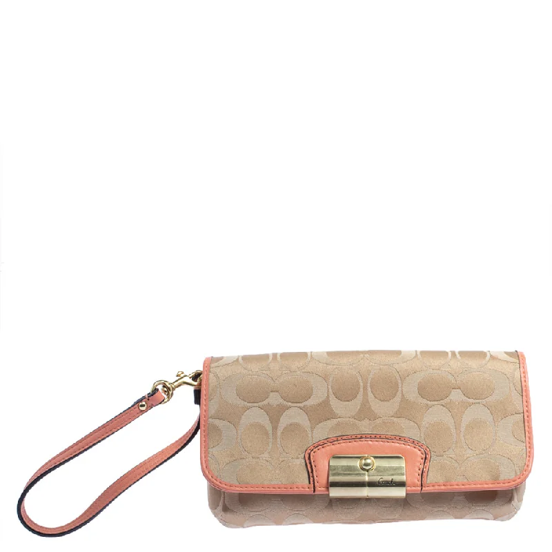 Luxury bags with chain strapsBeige/Orange Signature Canvas and Leather Wristlet Clutch