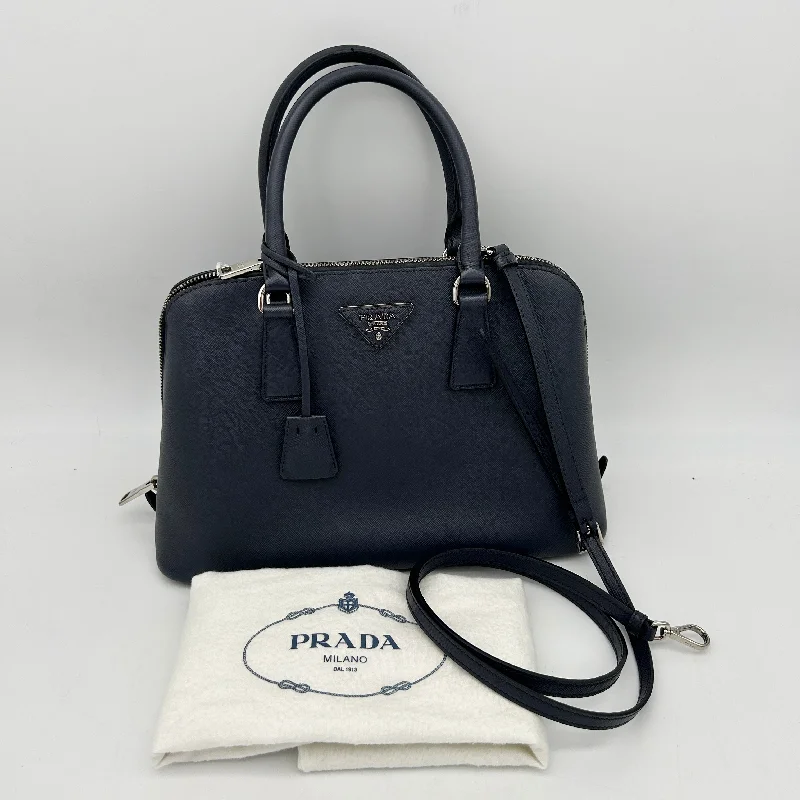 Prada bags with a zippered interior pocket for separating itemsPrada Dark Blue Saffiano Leather Small Promenade Satchel