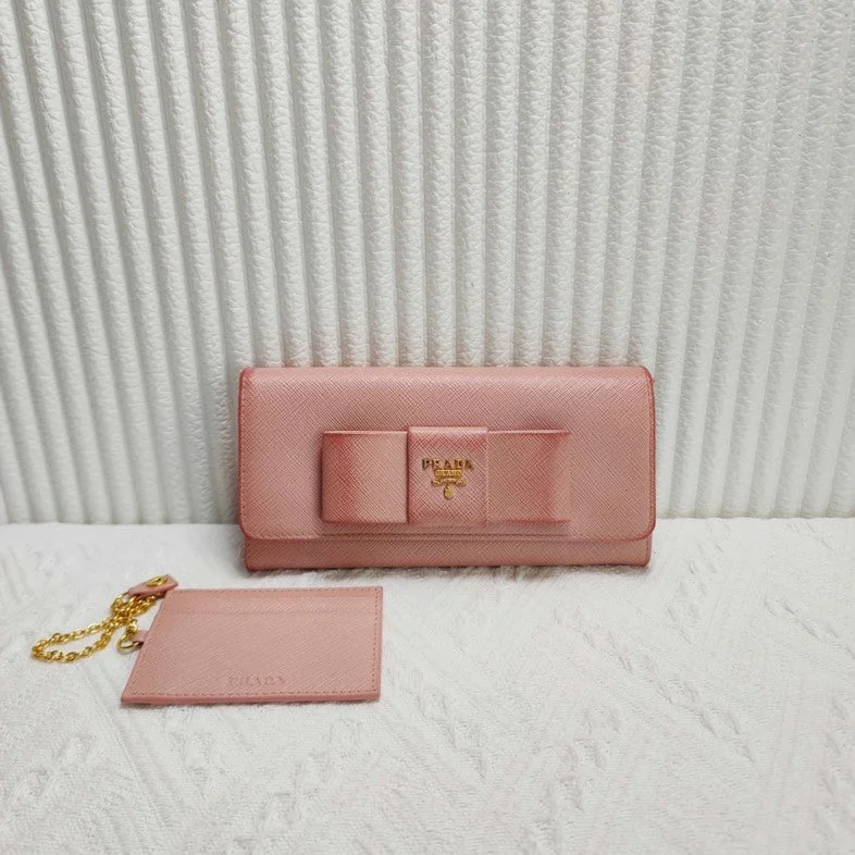 Prada bags with a detachable mirror inside for quick touch - upsPrada Pink Leather Saffiano Bow Wallet with Card Holder