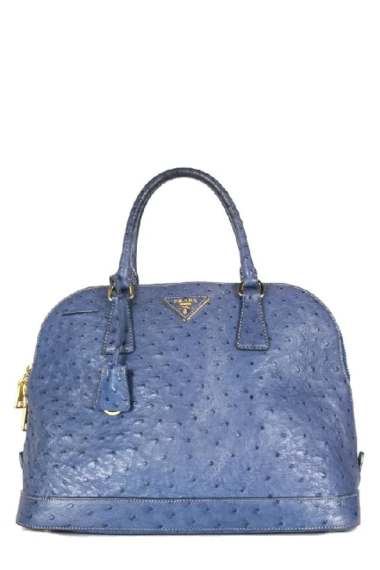 Prada handbags with a patent - leather finish for a shiny and sophisticated appearancePrada Promenade Struzzo Blue Ostrich Leather Tote