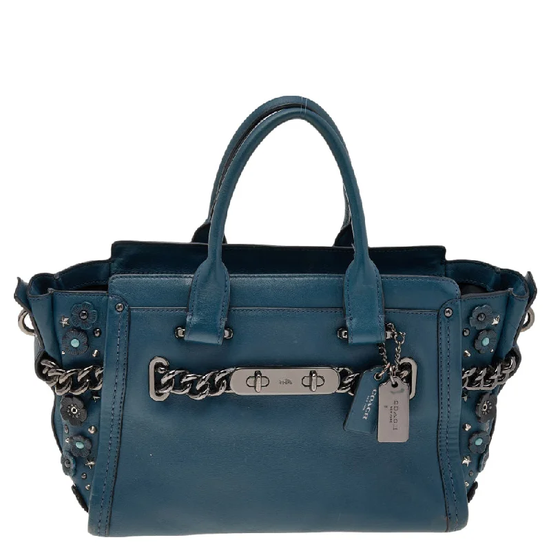 Customizable monogram bagsBlue Patch Embellished Leather Swagger 27 Carryall Satchel