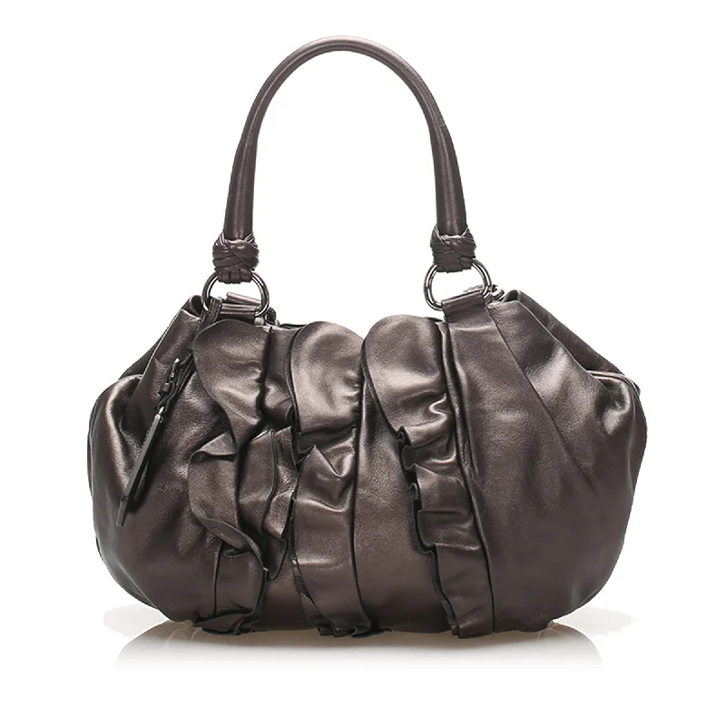 Ladies Prada shoulder bags with a wide - width strap for enhanced comfortPrada Ruffled Leather Tote Bag (SHG-14461)