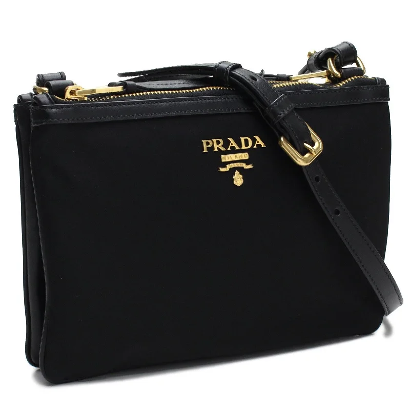 Prada bags with a zip - top closure and multiple interior pockets for organizationPrada Logo Tessuto Nylon Soft Calf Trim Black Cross Body Bag 1BH046