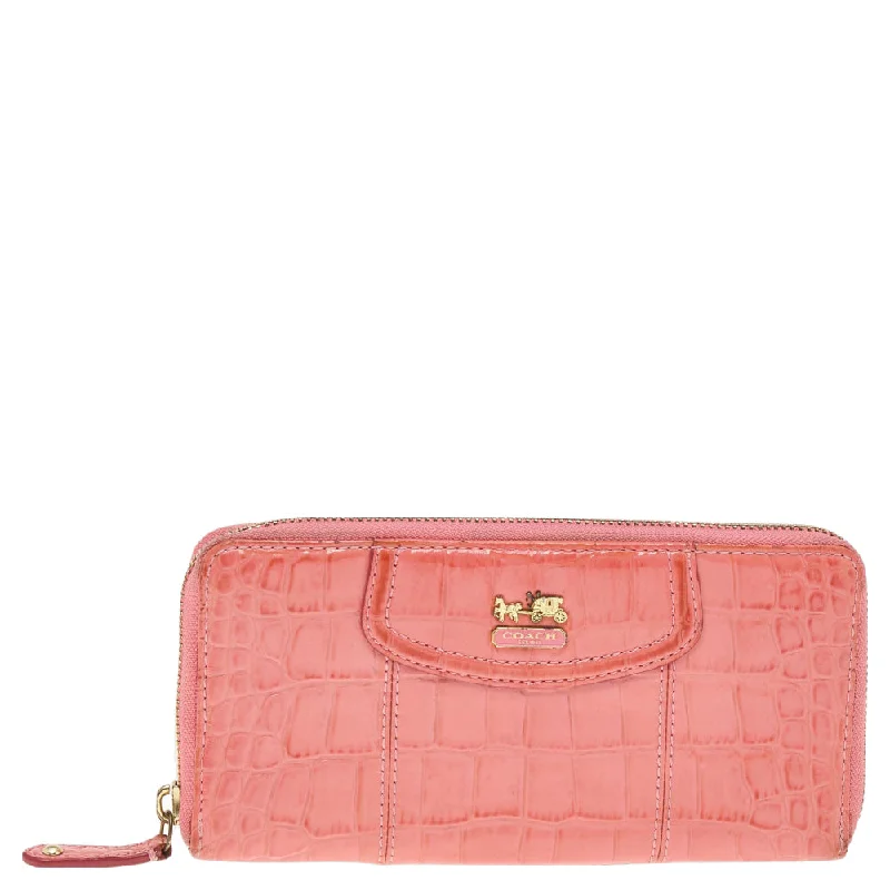 High-end designer bags for menCoral Pink Croc Embossed Leather Zip Around Wallet