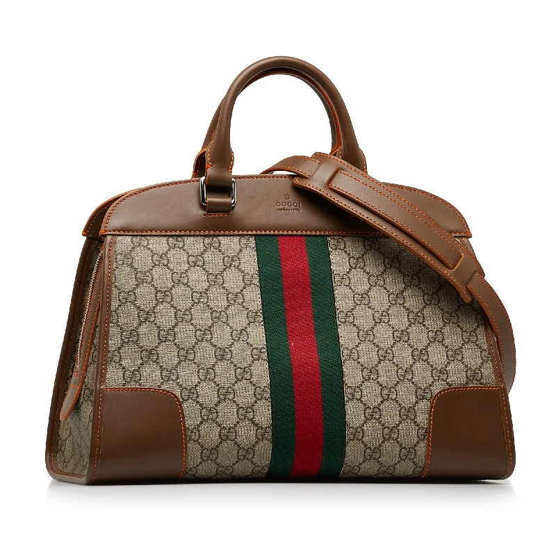 Women Gucci backpacks with a luxurious leather finishWomen Gucci backpacks with a luxurious leather finishBrown Gucci GG Supreme Web Duffle Tote Satchel