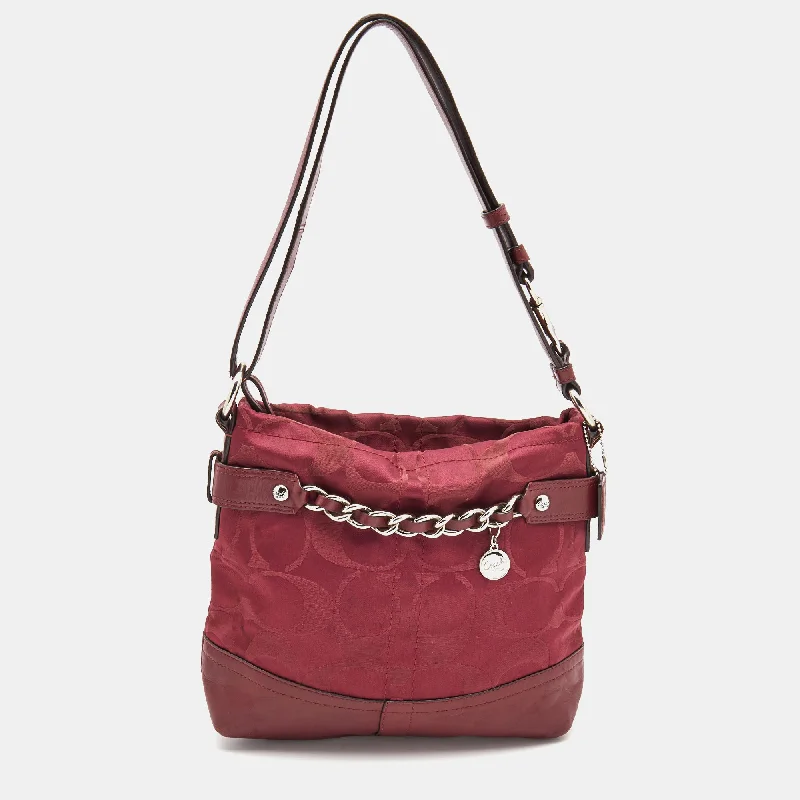 Compact crossbody bags for travelBurgundy Signature Satin and Leather Chain Detail Hobo