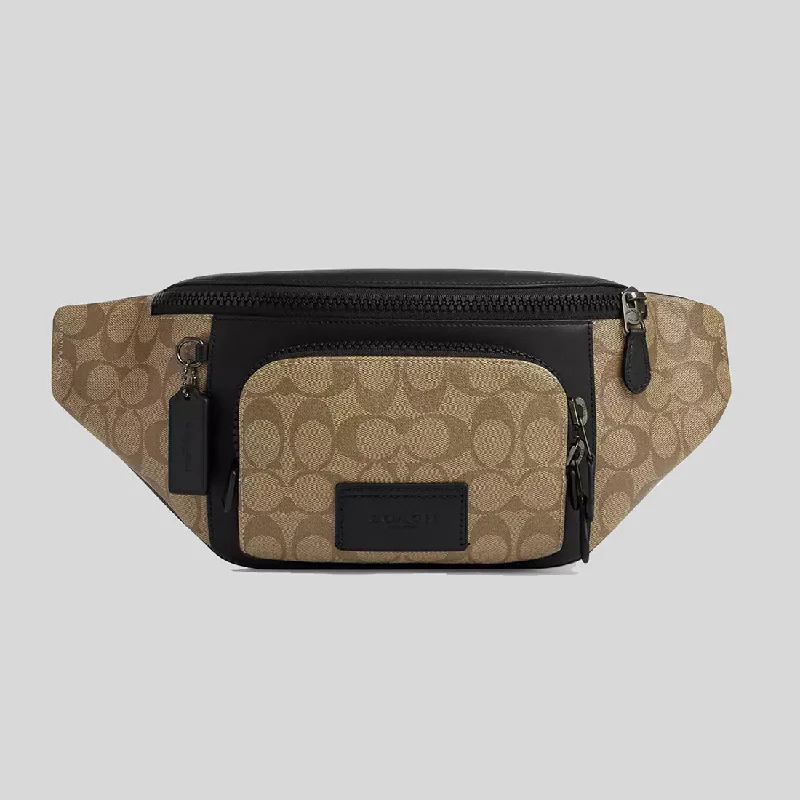 Designer bags with top handlesCOACH Track Belt Bag In Signature Canvas Khaki/Black C3765