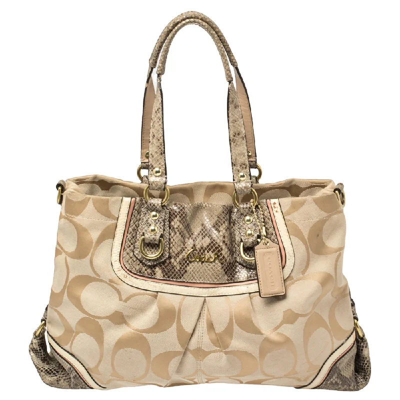 Designer bags with detachable strapsBeige Signature Canvas And Python Embossed Leather Ashley Tote