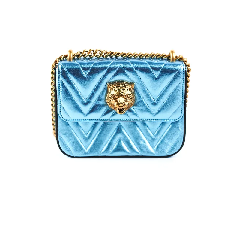 Gucci handbags for women with a patent - leather finishGucci handbags for women with a patent - leather finishGucci Broadway Cat Tiger Metallic Blue Bag