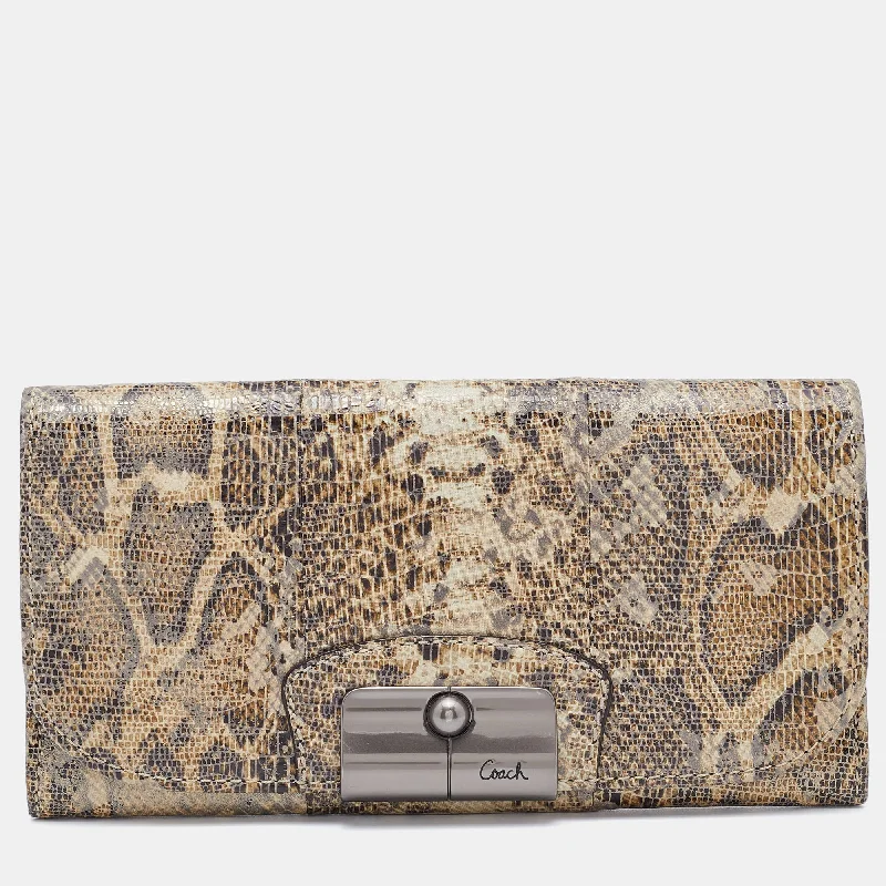 Designer bags with gold hardwareBrown/Beige Python Embossed Leather Flap Continental Wallet