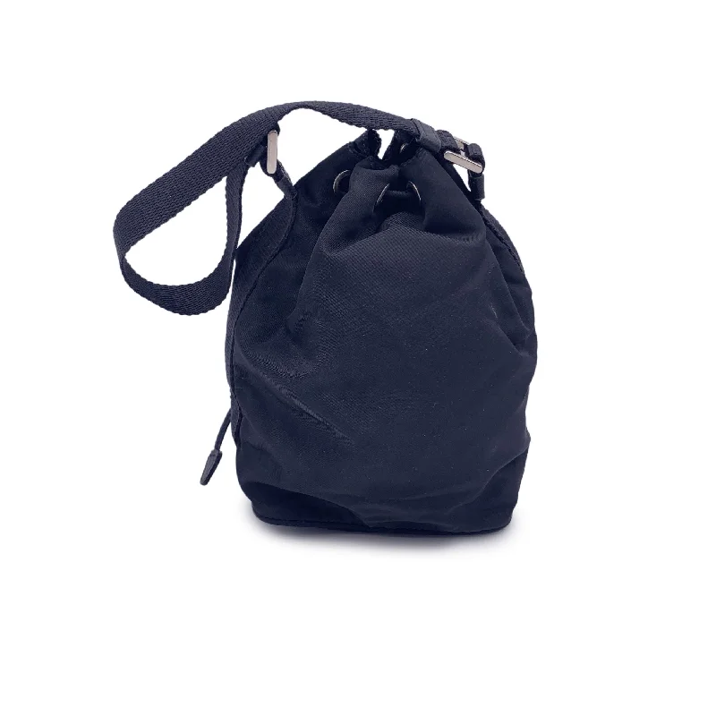 Prada nylon backpacks with a sleek, minimalist appearancePRADA Black Nylon Mini Tessuto Nylon Duet Bucket Bag Handbag