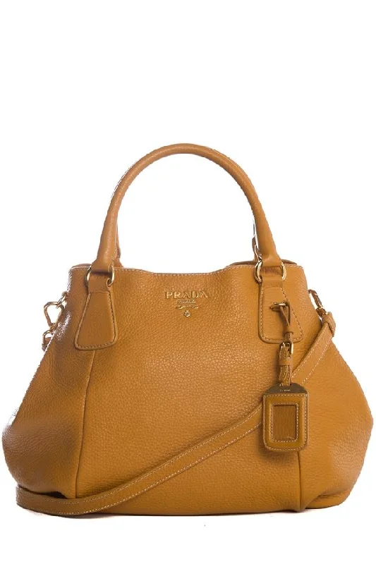 Ladies Prada shoulder bags with a tassel - adorned zipper for added charmPrada Pebbled Yellow Leather Tote