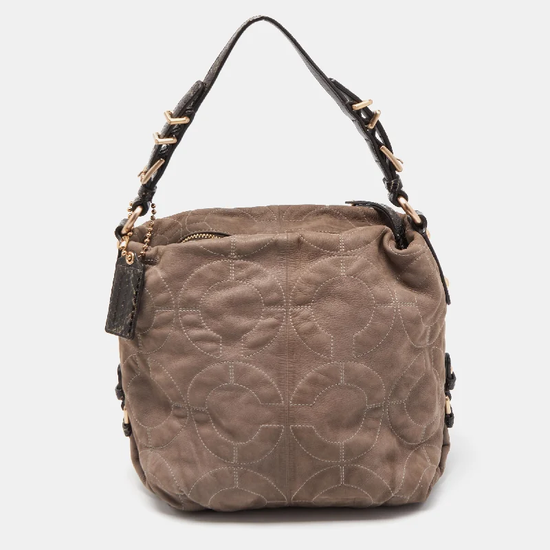 Durable leather bags for daily useGrey/Dark Brown Op Art Signature Nubuck Leather Zip Hobo