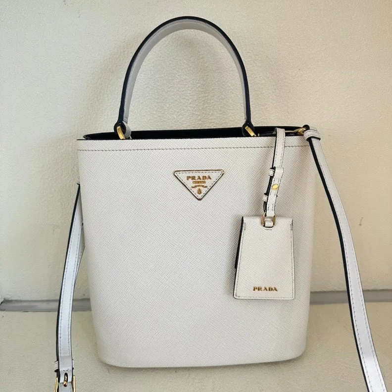 Prada bags with a chain - link trim and a leather body for a modern and stylish edgePrada Saffiano Leather 2way White Bucket Bag Medium