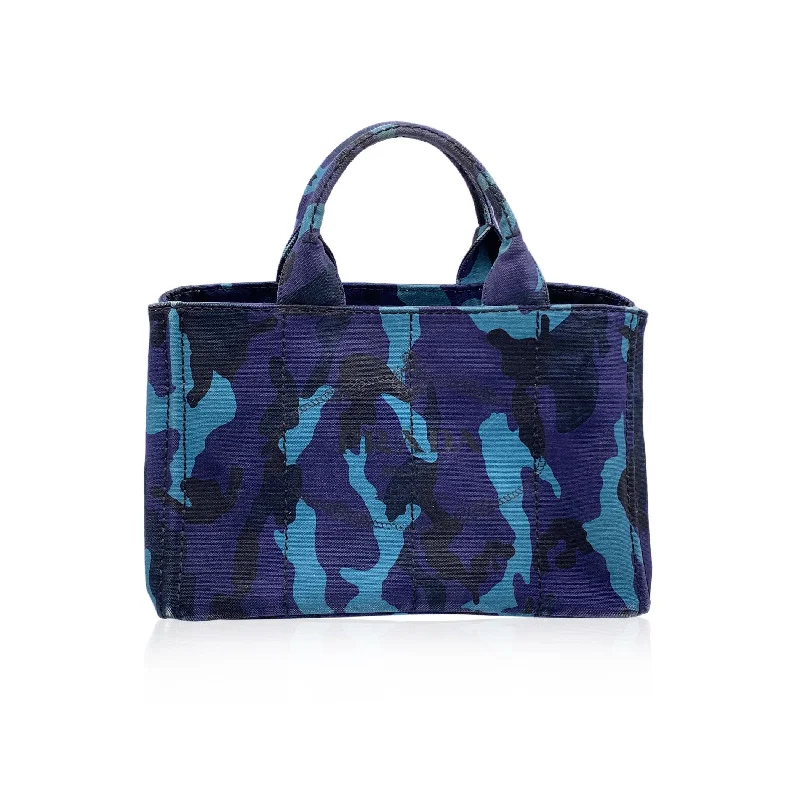 Prada Galleria bags with a structured silhouette for a professional lookPRADA Blue Camouflage Canvas Canapa Logo Tote Bag