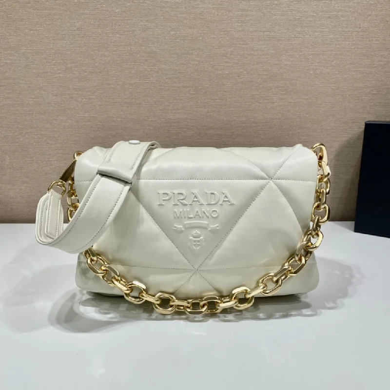 Prada tote bags with a printed Prada logo on the front for brand visibilityPrada Padded Nappa Leather Shoulder Bag