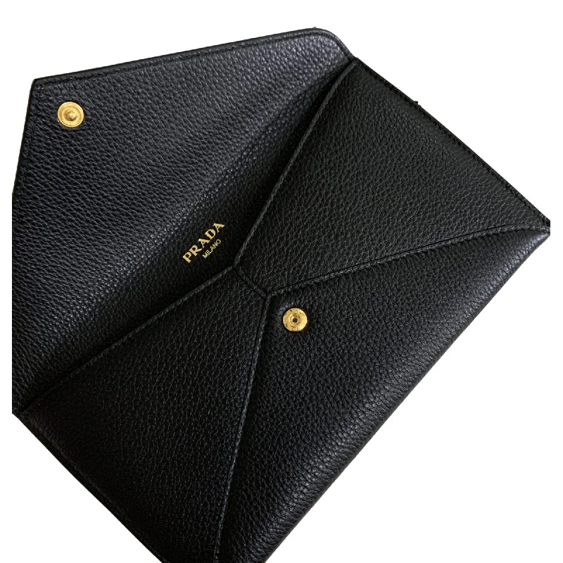 Prada Cleo bags with a crystal - embellished logo for added luxuryPrada Black Vitello Grain Leather Long Envelope Wallet