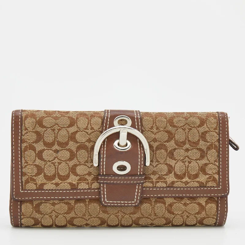 Sustainable fashion bagsBeige/Brown Signature Canvas and Leather Buckle Detail Continental Wallet