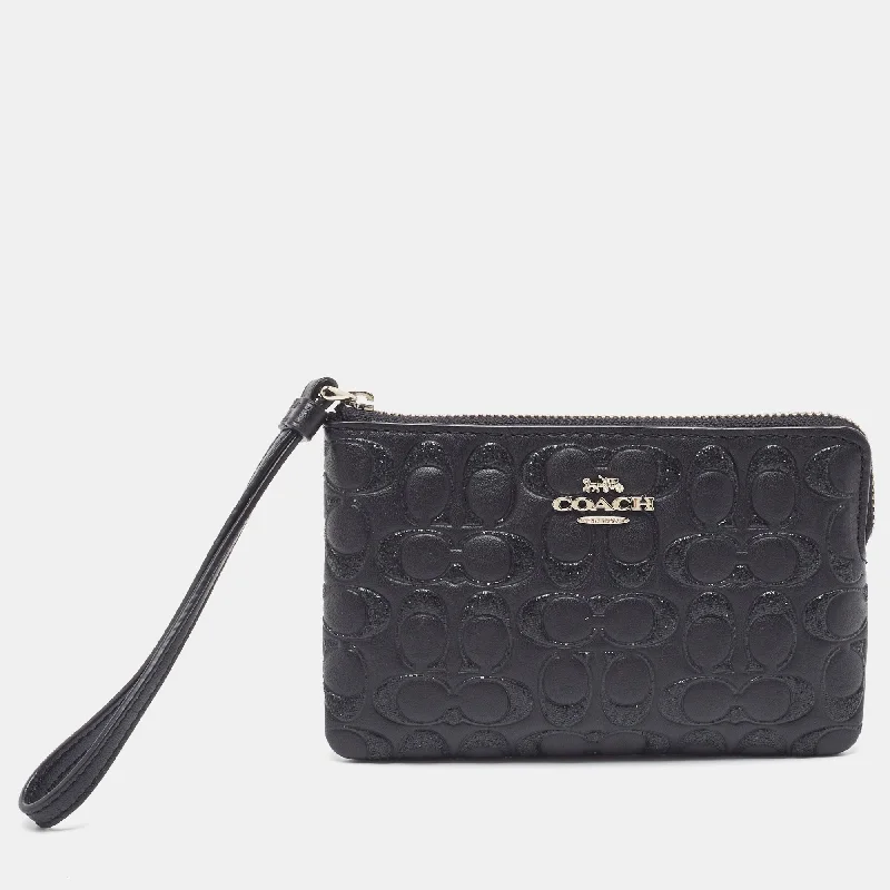 Sustainable fashion bagsBlack Signature Glitter Embossed Leather Boxed Wristlet Clutch