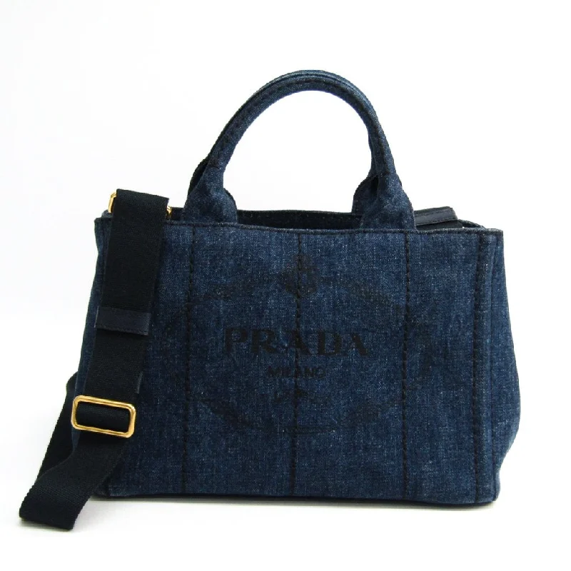 Prada nylon backpacks with a padded back panel for comfort during long - term usePrada Navy Denim Canapa Tote (SHA-11456)