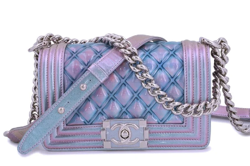 Chanel bags with iconic gold chains18S Chanel Iridescent Purple Mermaid Small Water Boy Flap Bag