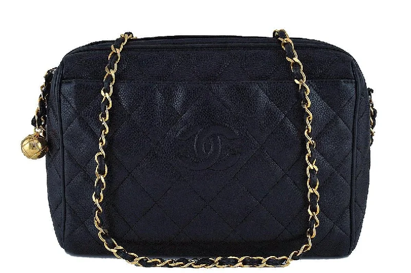 Chanel bags with chain and leather strap combinationsChanel Vintage Black Caviar Classic Quilted Camera Case w Pocket Bag