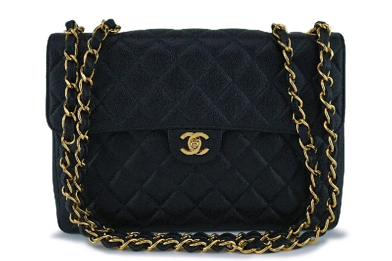 Chanel bags for women with minimalist styleChanel Black Caviar Jumbo Quilted Classic 2.55 Flap Bag 24k gold plated