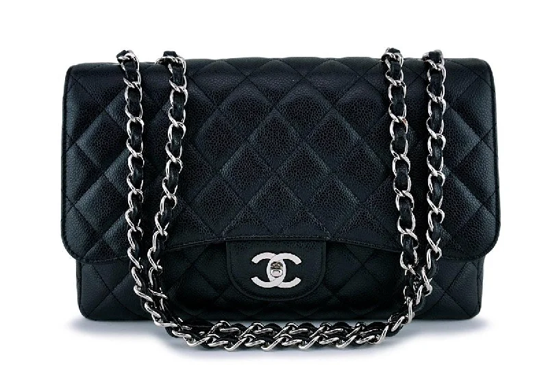 Chanel Handbag with Adjustable Strap for ComfortChanel Black Caviar Jumbo Quilted Classic Flap Bag SHW