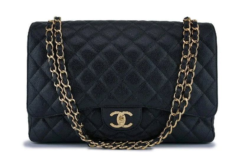 Chanel bags with leather and tweed combinationsChanel Black Caviar Maxi Quilted Classic 2.55 Jumbo XL Double Flap Bag GHW