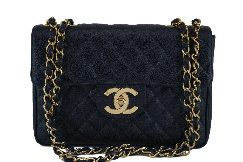 Chanel bags with leather and tweed combinationsChanel Black Caviar Vintage Jumbo Classic 2.55 Flap Bag 24k GHW