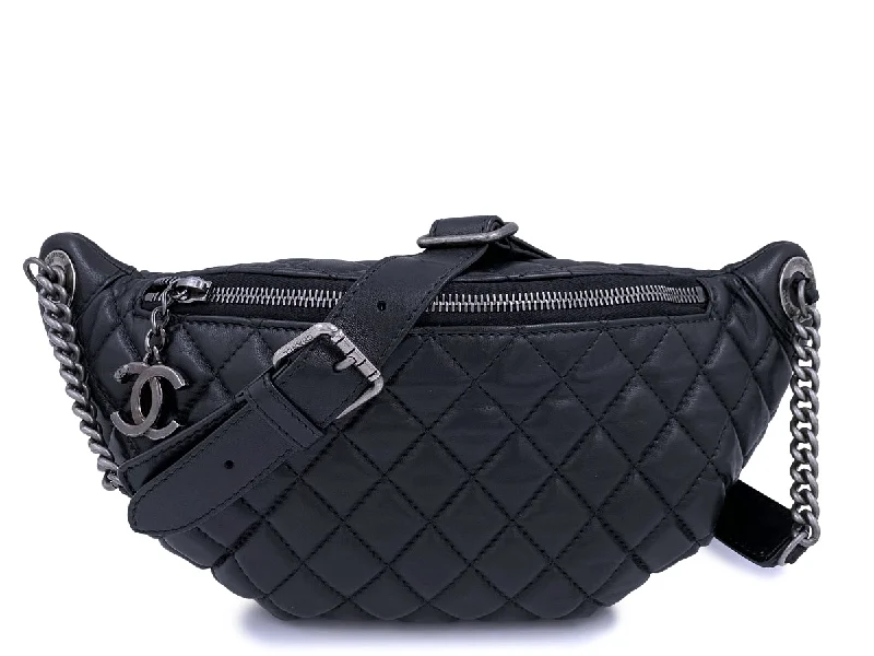 Chanel bags with leather and tweed combinationsChanel Black Classic Banane Fanny Pack Bag Lambskin RHW