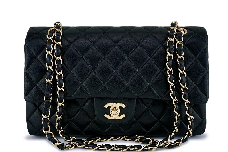 Chanel bags with chain and leather strap combinationsChanel Black Lambskin Medium Classic Double Flap Bag 24k GHW