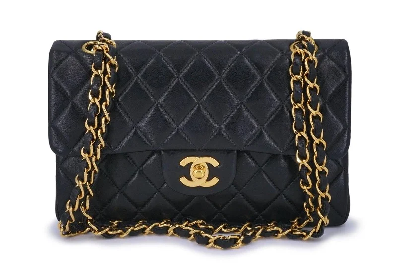 Chanel bags with chain and leather strap combinationsChanel Black Lambskin Small Classic Double Flap Bag 24k GHW