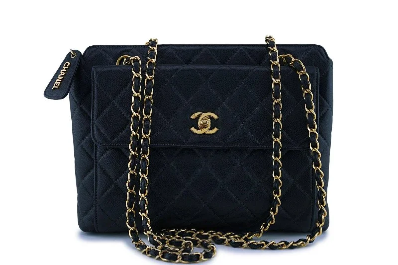 Chanel bags with intricate metal hardwareChanel Black Vintage Caviar Classic Quilted Flap Shopper Tote Bag