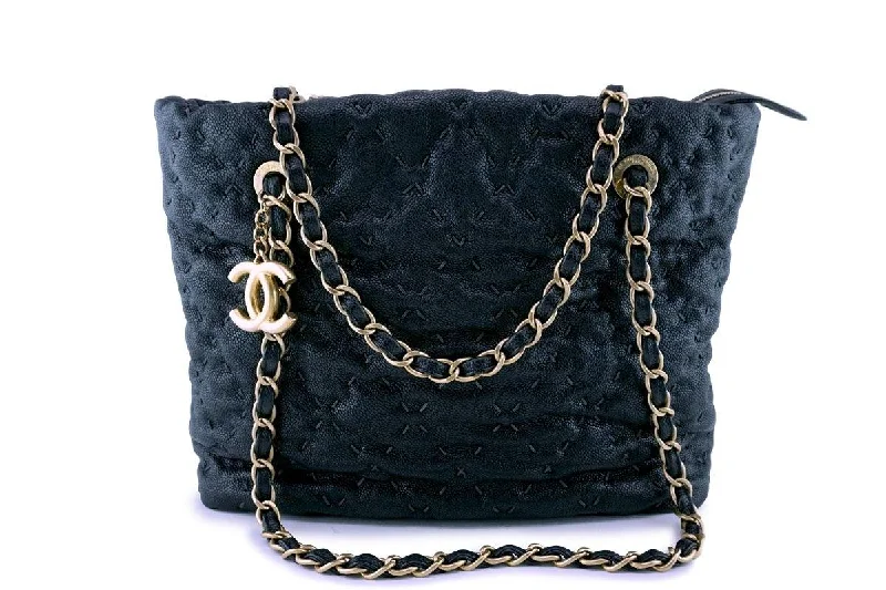 Chanel Vintage Inspired Handbag for Retro LoversChanel Dark Blue-Black Quilted Caviar Brushed Gold Charm Tote Bag