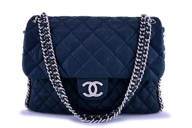 Chanel bags for women who appreciate fine craftsmanshipChanel Navy Blue-Black Chain Around Maxi Luxe Flap Bag