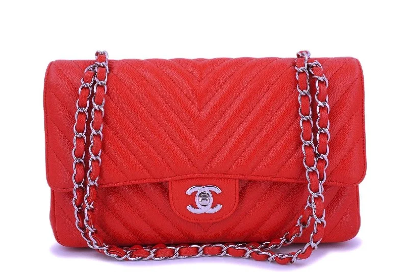 Chanel Handbag with Adjustable Strap for ComfortChanel Red Caviar Medium Chevron Classic Double Flap Bag SHW