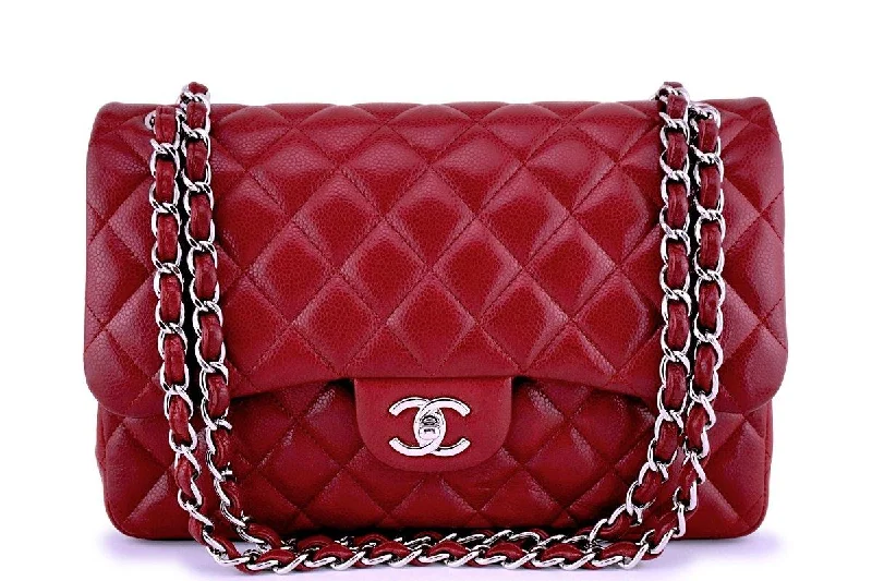 Chanel bags with gold, silver, and pearl accentsChanel Red Caviar Jumbo 2.55 Classic Double Flap Bag SHW