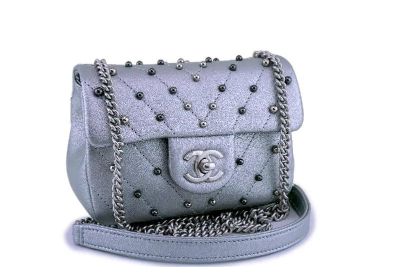 Chanel bags with iconic stitching detailsChanel Silver Pearl Chevron Quilted Classic Mini Flap Bag Limited