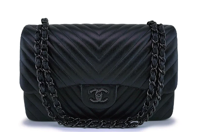 Chanel bags with intricate metal hardwareChanel So Black Chevron Lambskin Jumbo Classic Double Flap Bag