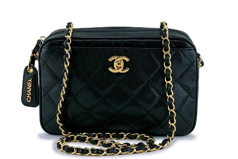 Chanel bags with leather and tweed combinationsChanel Vintage Black Caviar Classic Camera Case CC Pocket Bag 24k GHW