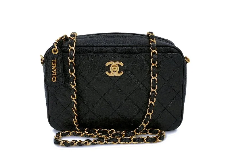 Chanel bags with leather and tweed combinationsChanel Vintage Black Caviar Classic Clasp Camera Case Bag 24k GHW